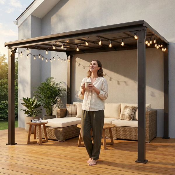 Outdoor Pergola Built for Year-Round Weather, Aluminum Frame, UV Resistant Roof, Wall Mounted Design