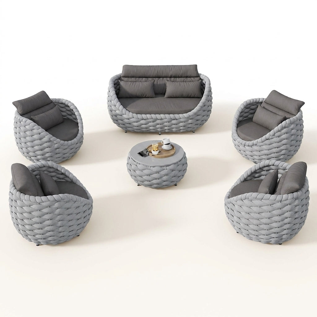 6-Piece Aluminum Patio Furniture Set, Olefin Rope Modern Outdoor Conversation Set Sectional Sofa with Water Repellent Thick Cushions and Coffee Table for Balcony, Garden, Light Grey — Studio Shot