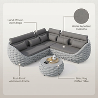 6-Piece Aluminum Patio Furniture Set, Olefin Rope Modern Outdoor Conversation Set Sectional Sofa with Water Repellent Thick Cushions and Coffee Table for Balcony, Garden, Light Grey — infographic