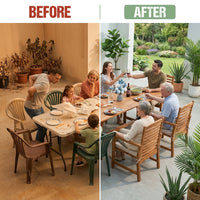 Brown 7-Piece Wood Patio Outdoor Dining Set with Extendable Table and Wood Chairs with Beige Cushion — Before & After