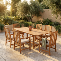 Brown 7-Piece Wood Patio Outdoor Dining Set with Extendable Table and Wood Chairs with Beige Cushion — Studio Shot