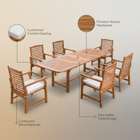 Brown 7-Piece Wood Patio Outdoor Dining Set with Extendable Table and Wood Chairs with Beige Cushion — infographic