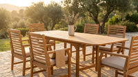 Brown 7-Piece Wood Patio Outdoor Dining Set with Extendable Table and Wood Chairs with Beige Cushion — Lifestyle
