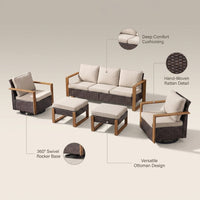Luxury Outdoor Wicker Patio Furniture Set,5 Piece Deep Seating Outdoor Conversation Set with Patio Swivel Rocker Patio Chairs,Rattan Couch and Ottomans for Deck Porch Poolside — infographic