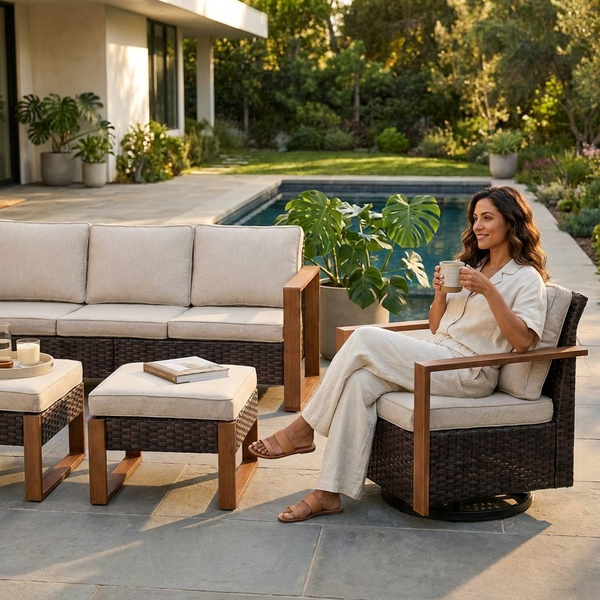 Outdoor Conversation Set Built for Year-Round Entertaining, Swivel Rockers, Fire Pit Table, Weather Resistant