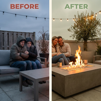 Outdoor Fire Pit Table Designed for Multi-Function Use, Concrete Construction, Ceramic Wind Guard, Rectangular Shape — Before & After