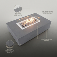 Outdoor Fire Pit Table Designed for Multi-Function Use, Concrete Construction, Ceramic Wind Guard, Rectangular Shape — infographic