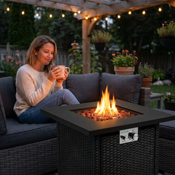 Outdoor Fire Pit Table Built for Year-Round Patio Use, 40,000 BTU Propane, Square Metal Design, Dual Function